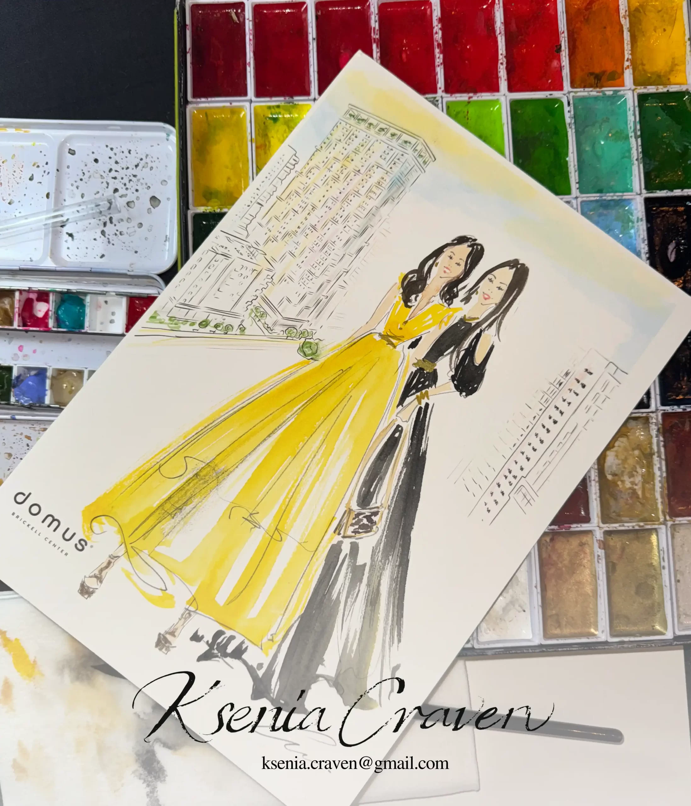 Watercolor fashion illustration of two women in yellow and black gowns at an event by Ksenia Craven.