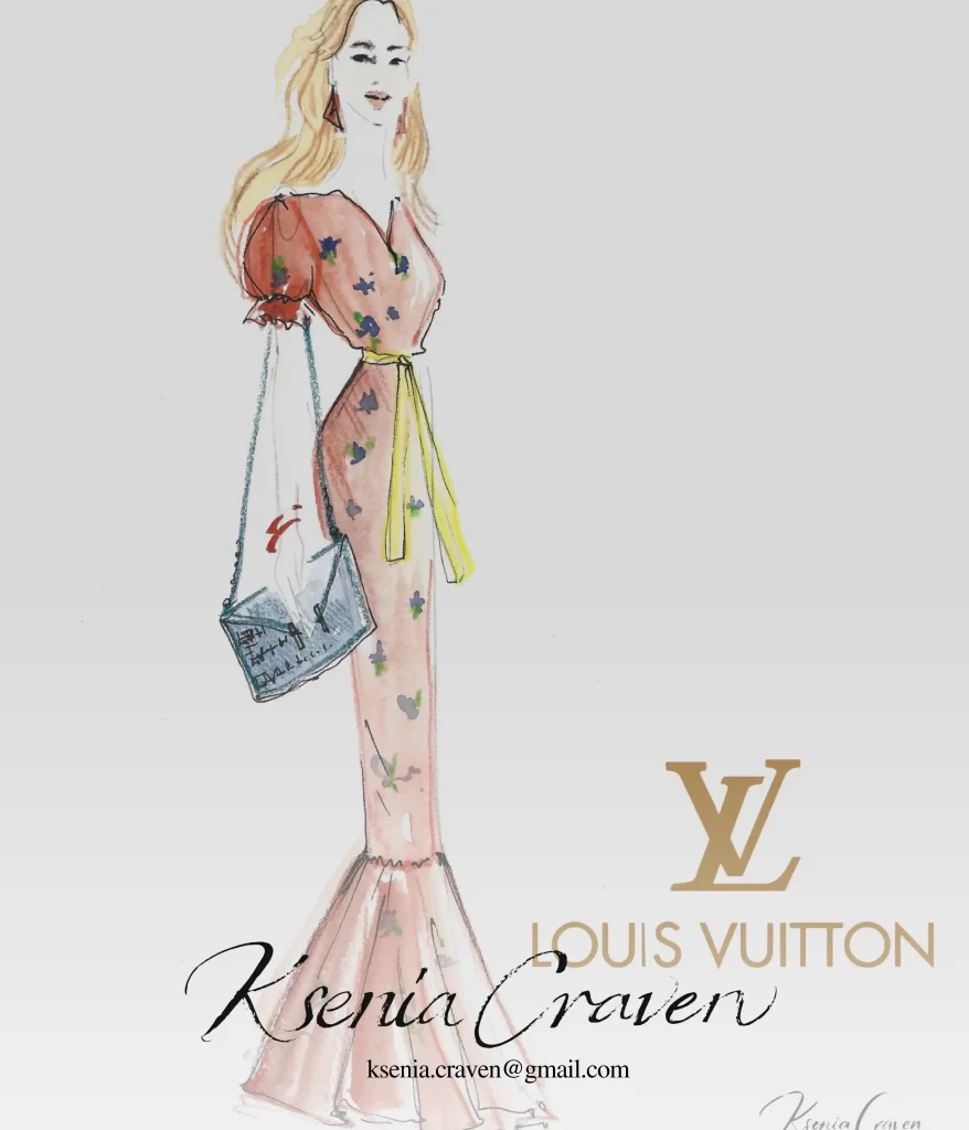 Watercolor fashion sketch of a woman in a pink floral gown with a Louis Vuitton logo and Ksenia Craven signature.