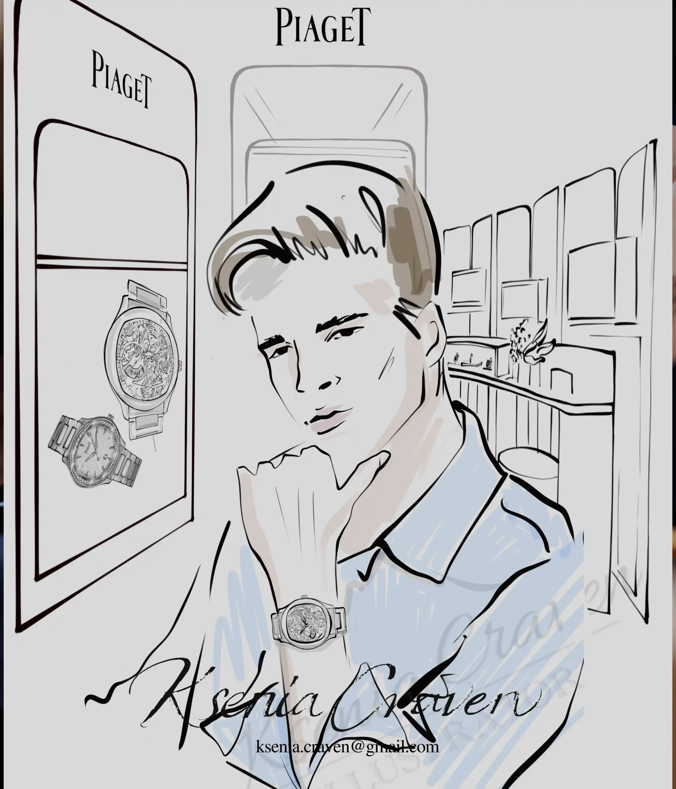 Fashion illustration of a man wearing a Piaget Polo skeleton watch in a luxury boutique setting.