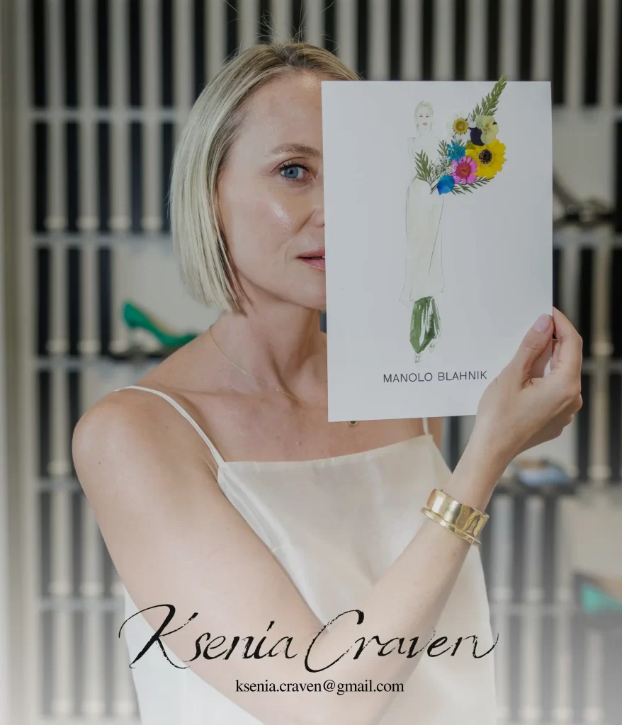 A woman holding a custom botanical fashion illustration created by Ksenia Craven for a Manolo Blahnik campaign.