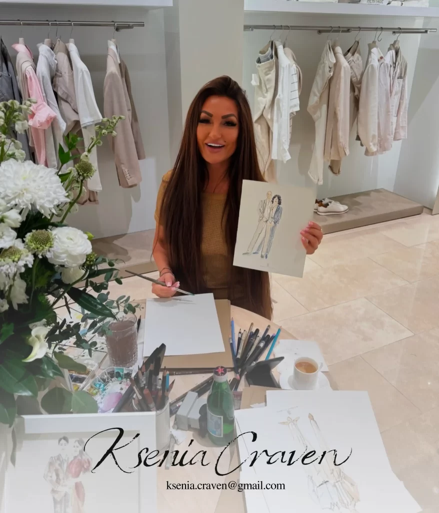 Fashion illustrator Ksenia Craven holding a hand-drawn sketch of a couple in a luxury retail setting.