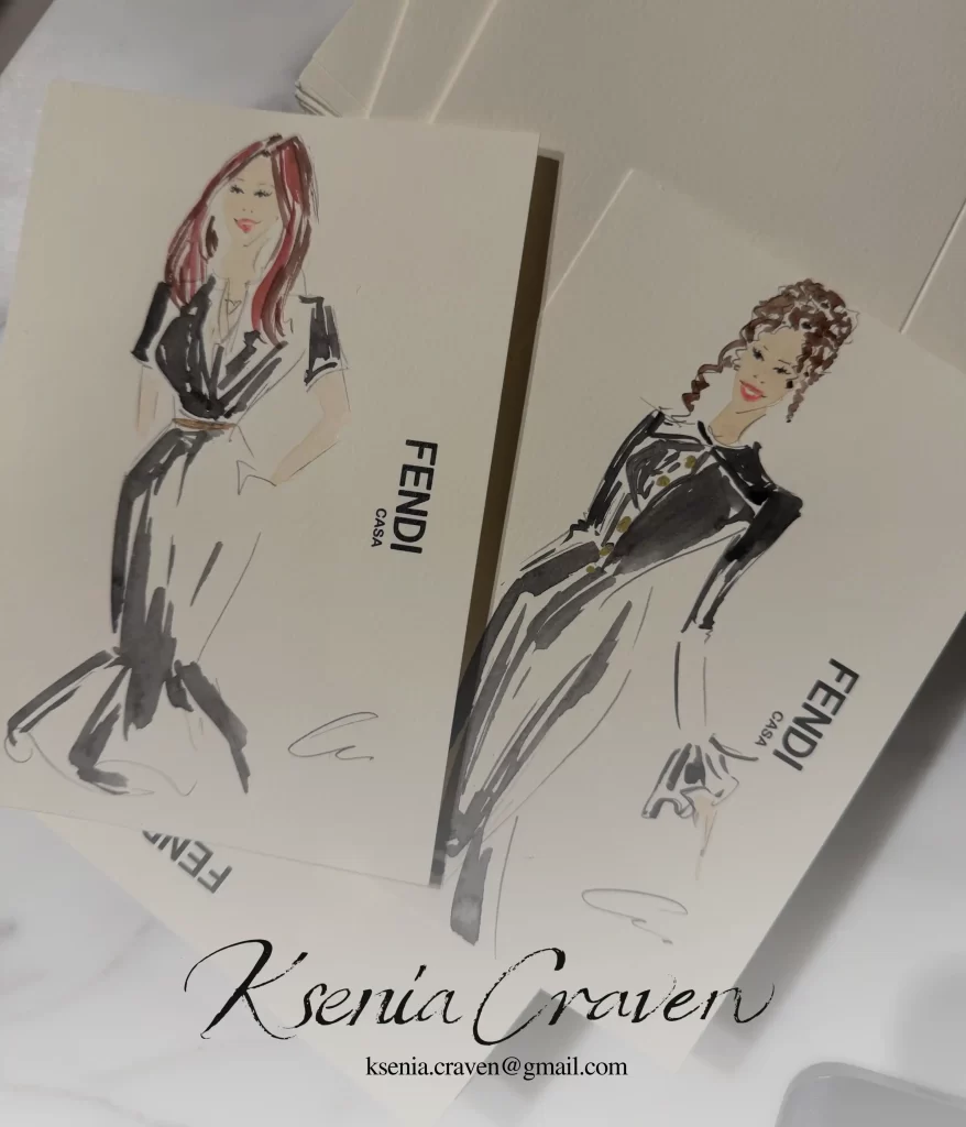 Hand-drawn Fendi Casa fashion illustrations by Ksenia Craven featuring elegant black and white watercolor couture designs.
