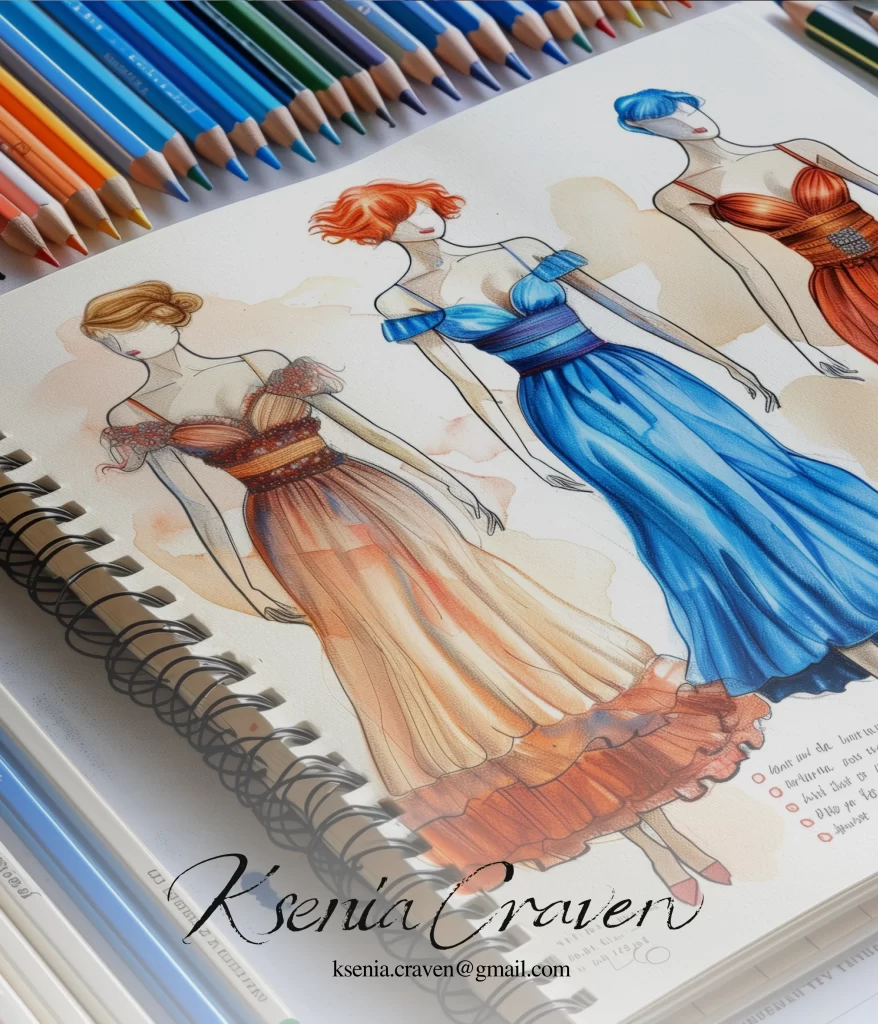 Three hand-drawn fashion sketches in a sketchbook with colored pencils, featuring elegant evening gowns and dresses.