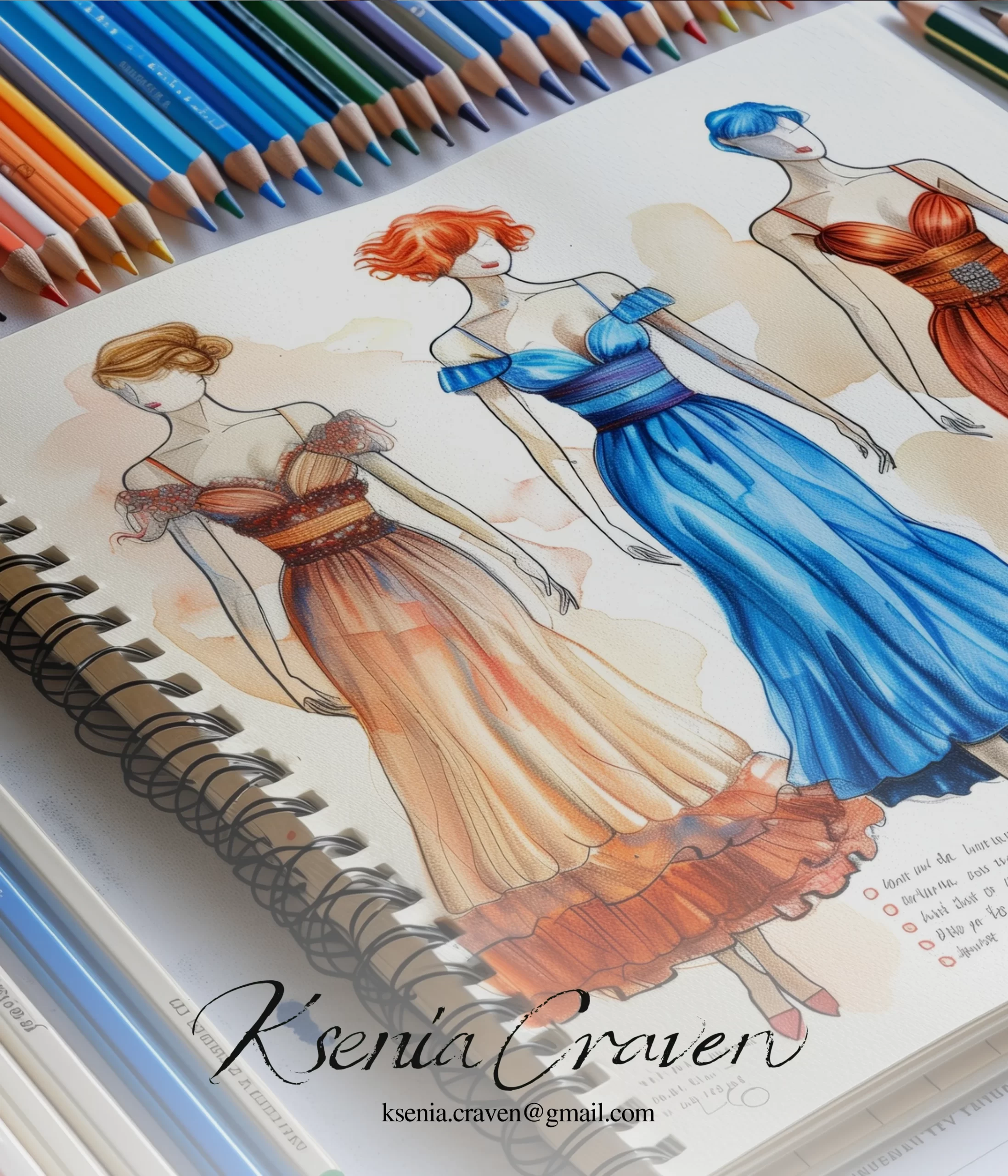 Three hand-drawn fashion sketches in a sketchbook with colored pencils, featuring elegant evening gowns and dresses.