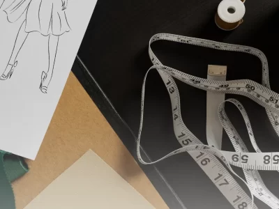 Close-up of a fashion design sketch, tape measure, thread, and fabric on a dark desk.