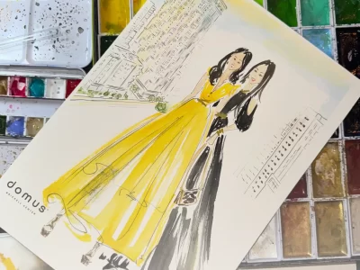 Watercolor fashion illustration of two women in yellow and black gowns at an event by Ksenia Craven.