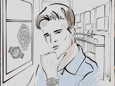 Fashion illustration of a man wearing a Piaget Polo skeleton watch in a luxury boutique setting.
