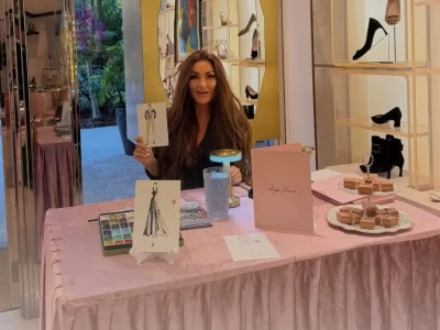Ksenia Craven holding a watercolor fashion sketch at a live event painting station for Roger Vivier.
