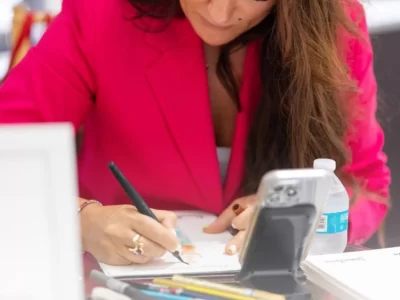 Illustrator Ksenia Craven wearing a pink blazer, sketching a fashion-focused book illustration at a glass desk.