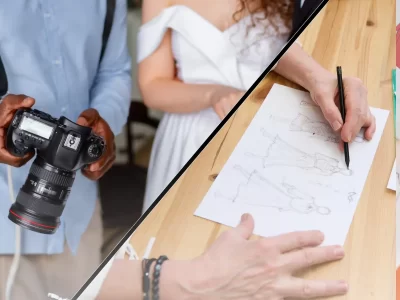 Split photo of man photographing woman in off-shoulder white dress beside hand sketching fashion figures on paper, overlaid with Ksenia Craven signature and email.