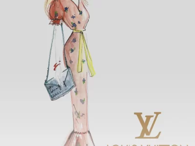 Watercolor fashion sketch of a woman in a pink floral gown with a Louis Vuitton logo and Ksenia Craven signature.