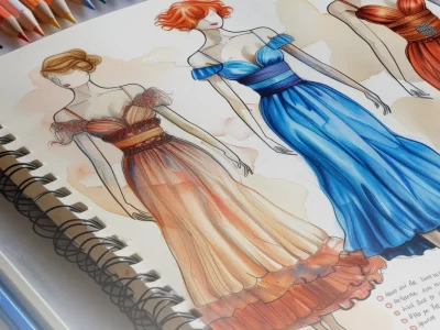 Three hand-drawn fashion sketches in a sketchbook with colored pencils, featuring elegant evening gowns and dresses.