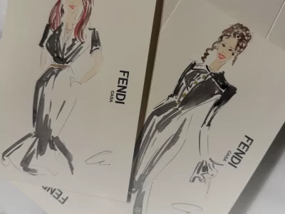 Hand-drawn Fendi Casa fashion illustrations by Ksenia Craven featuring elegant black and white watercolor couture designs.