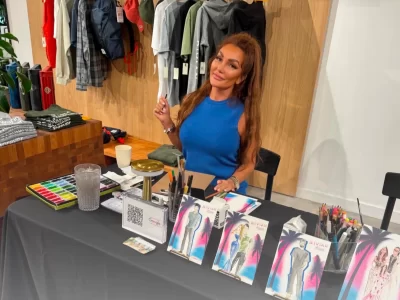 Fashion illustrator Ksenia Craven at a live sketching event with watercolor paintings and art supplies.